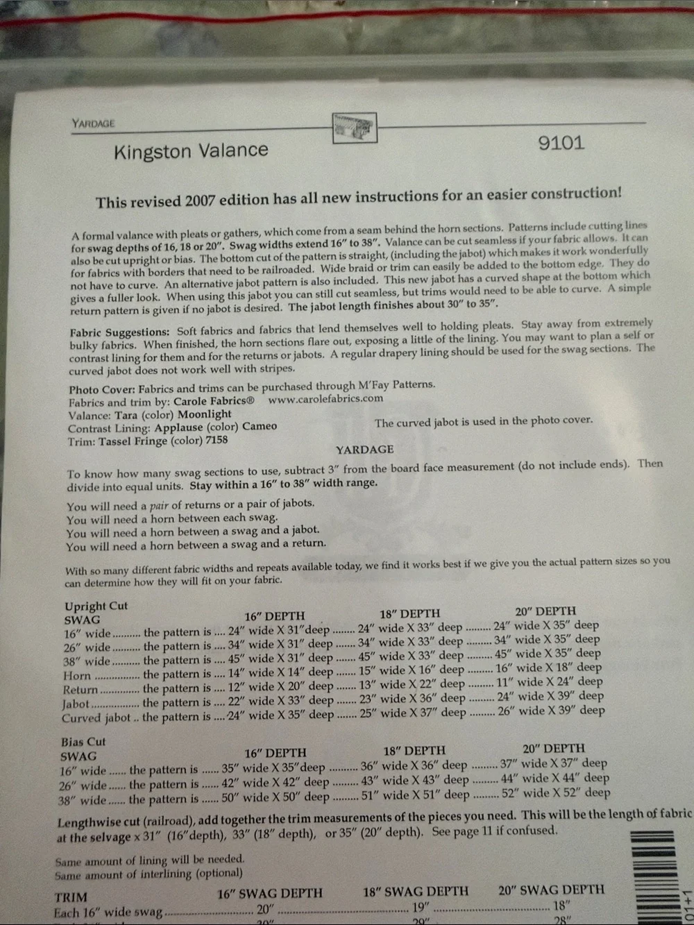 M’Fay Kingston Valance Pattern 9101 Tassel Trim